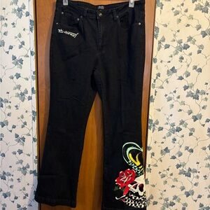 1-Ed Hardy Black Flare Jeans with Skull and Rose
